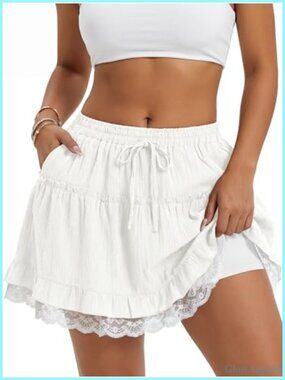 Women's Ruffle Flowy Short Skirt Tiered Lace Mini Skort High Waist Boho